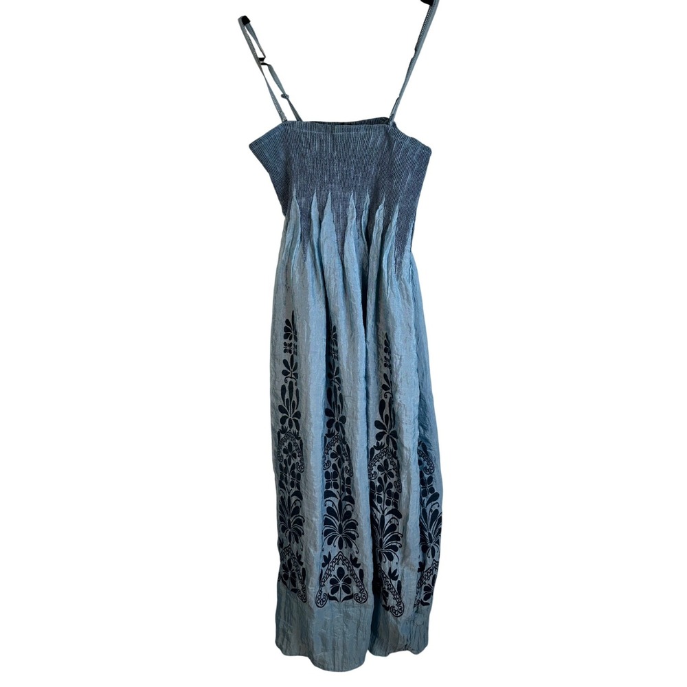 Lapis Smocked Floral Blue Boho Summer Vacation Embroidered‎ Maxi Dress